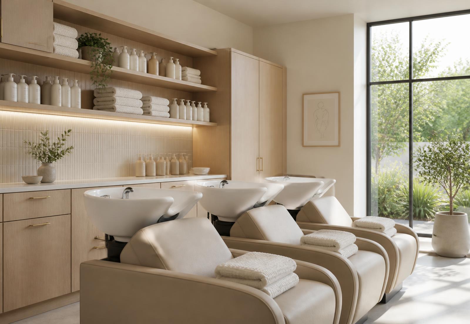 Washing station with black basins and folded cream towels